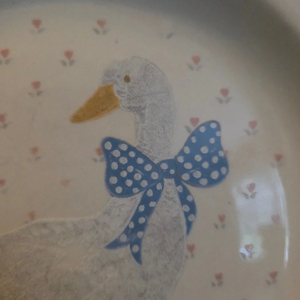 Brick Oven Stoneware Aunt Rhody Goose Dinner Plate Blue Polka Dot Bow 10.5 inch